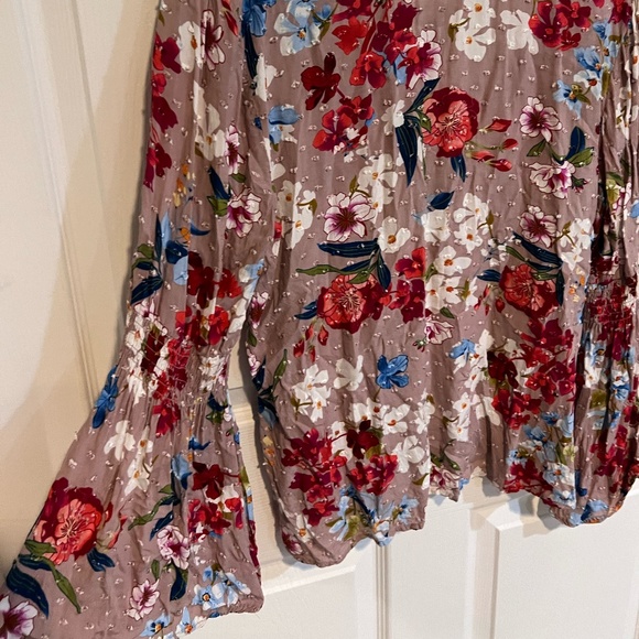 Cupio Blouse Large Taupe Floral Long Sleeve Boho Textured Dot Print Peasant Top - Picture 4 of 4